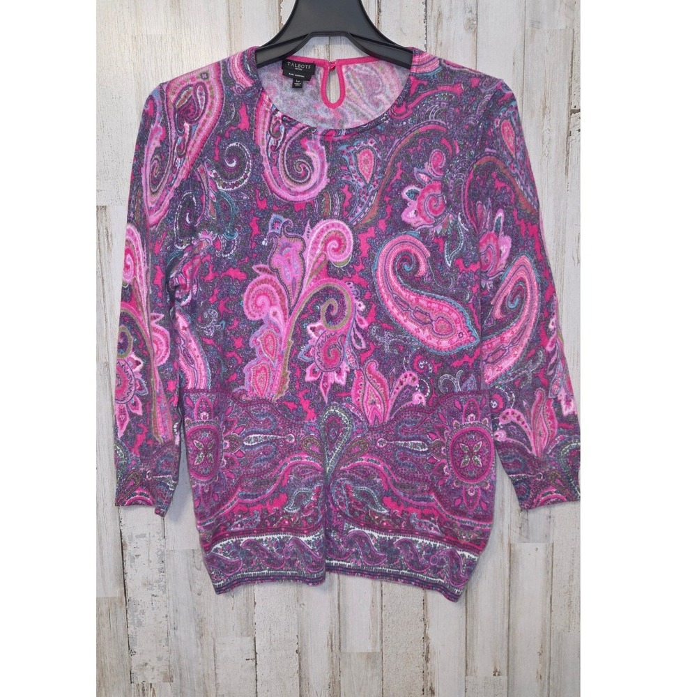 Talbots size LP paisley 1005 cashmere Pullover Sweater Crew3 3/4 sleeve Slim